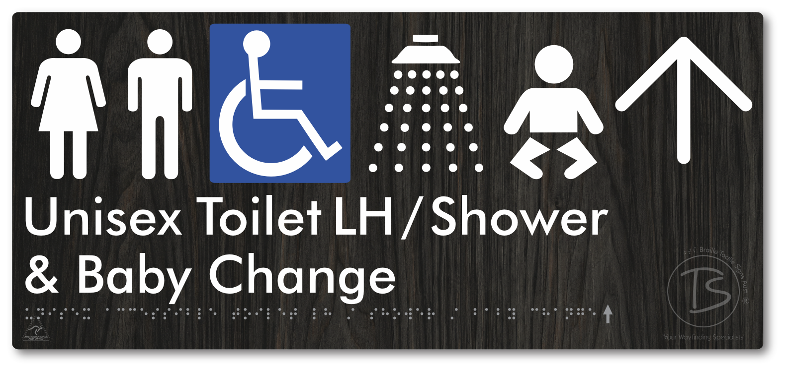Unisex Accessible Toilet LH / Shower / Baby Change with Large Directional Arrow - Braille Tactile Signs Aust.