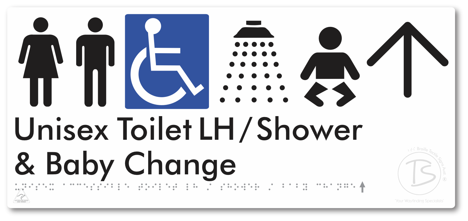 Unisex Accessible Toilet LH / Shower / Baby Change with Large Directional Arrow - Braille Tactile Signs Aust.
