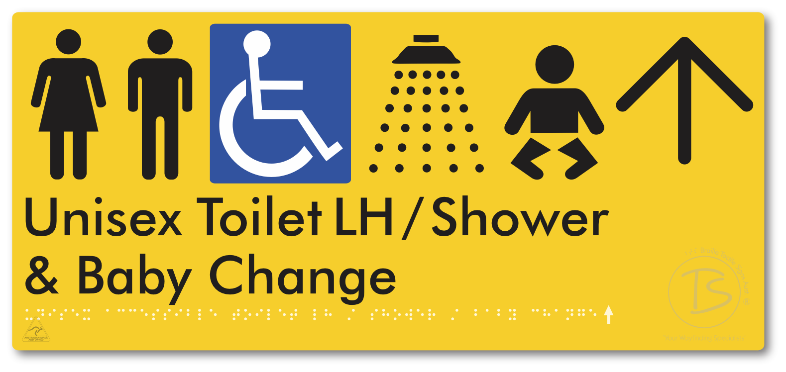 Unisex Accessible Toilet LH / Shower / Baby Change with Large Directional Arrow - Braille Tactile Signs Aust.