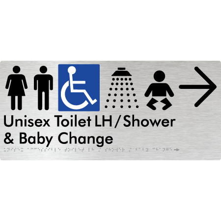 Unisex Accessible Toilet LH / Shower / Baby Change w/ Large Arrow: - Braille Tactile Signs Aust.