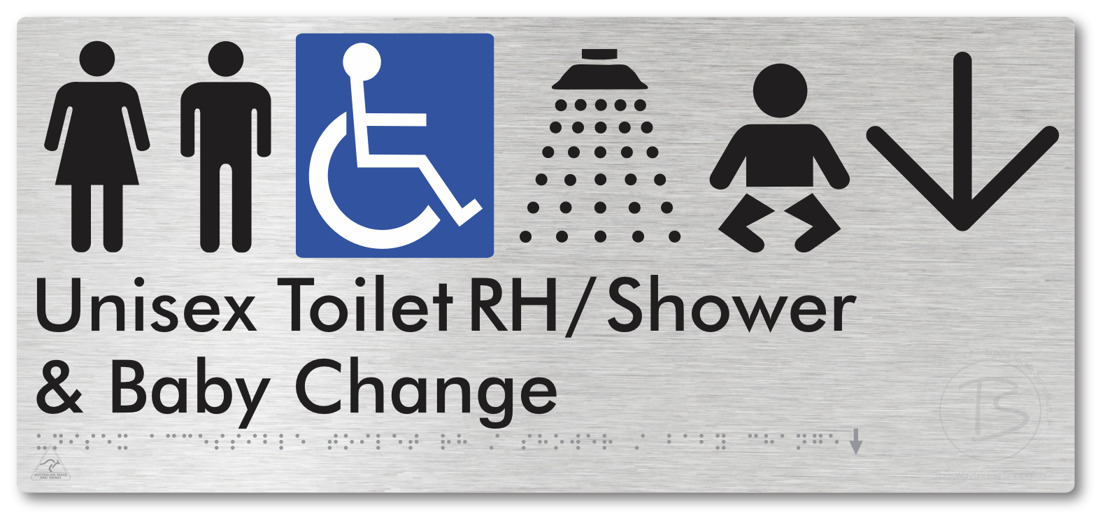 Unisex Accessible Toilet RH / Shower / Baby Change with Large Directional Arrow - Braille Tactile Signs Aust.