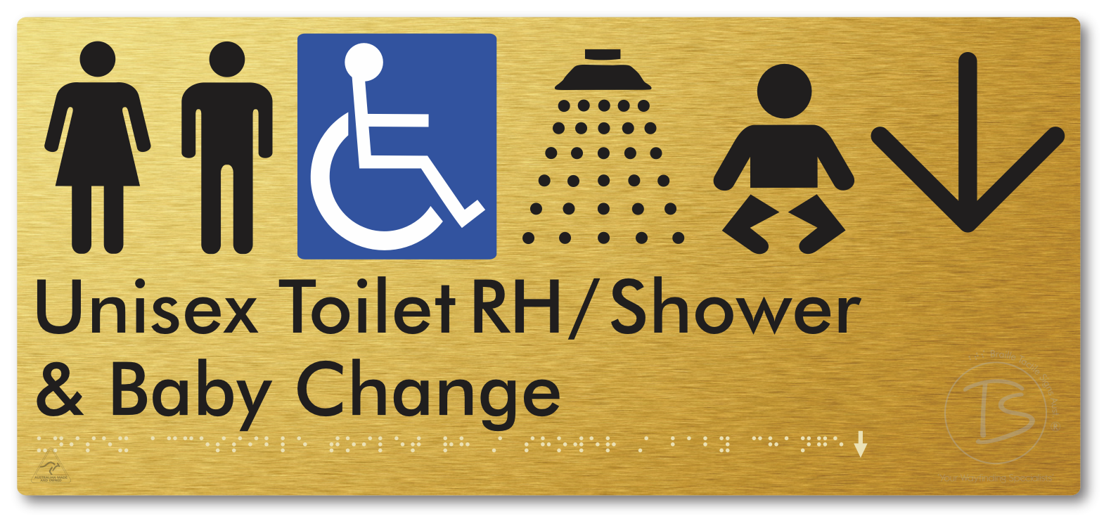 Unisex Accessible Toilet RH / Shower / Baby Change with Large Directional Arrow - Braille Tactile Signs Aust.