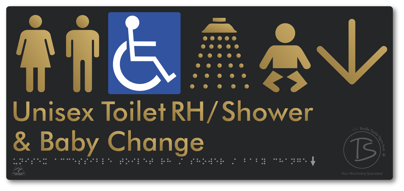 Unisex Accessible Toilet RH / Shower / Baby Change with Large Directional Arrow - Braille Tactile Signs Aust.