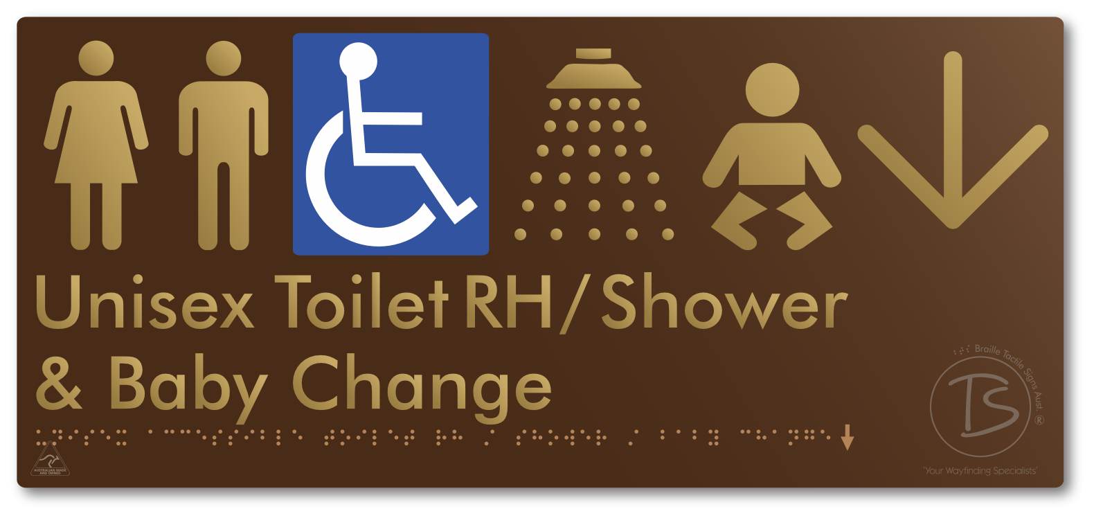 Unisex Accessible Toilet RH / Shower / Baby Change with Large Directional Arrow - Braille Tactile Signs Aust.