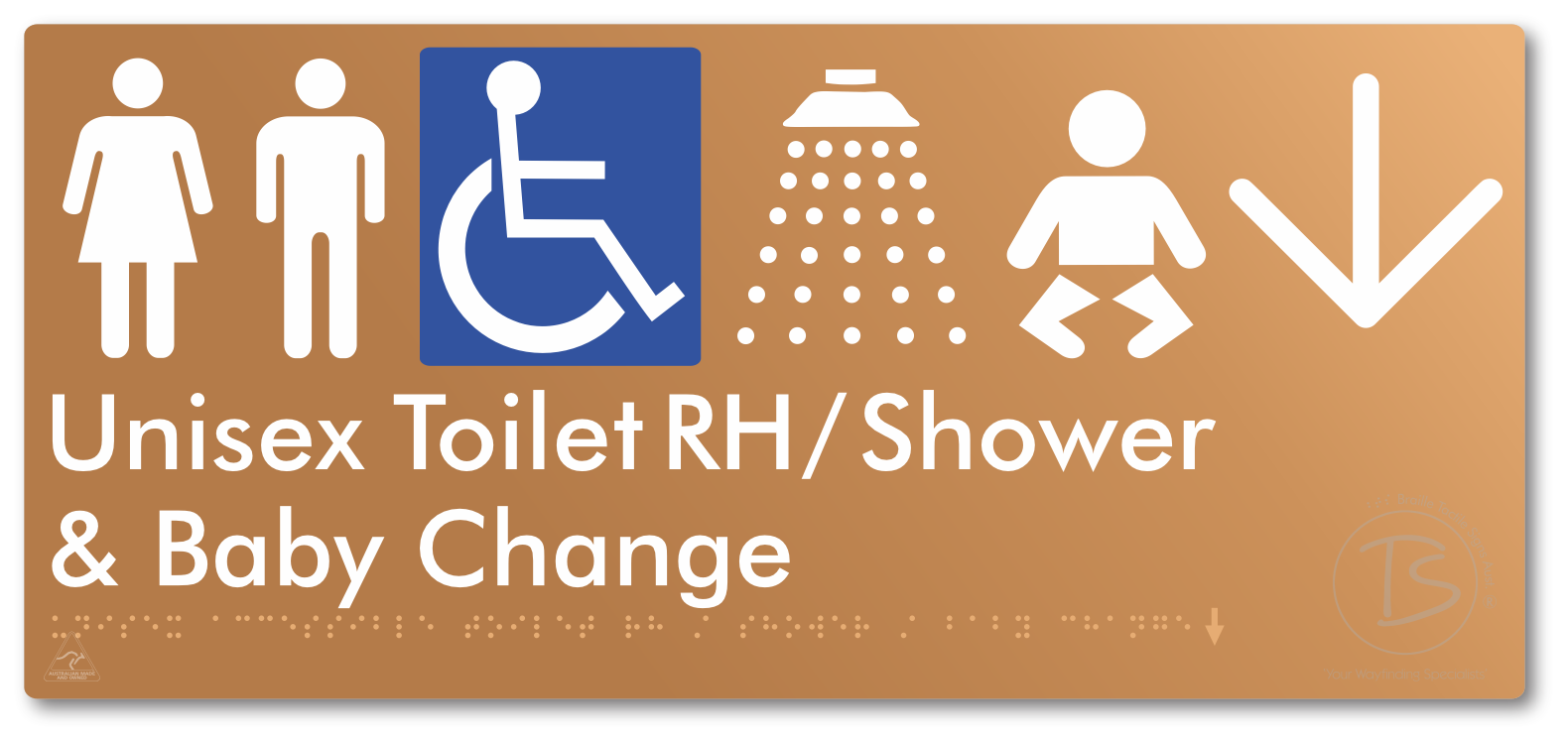 Unisex Accessible Toilet RH / Shower / Baby Change with Large Directional Arrow - Braille Tactile Signs Aust.