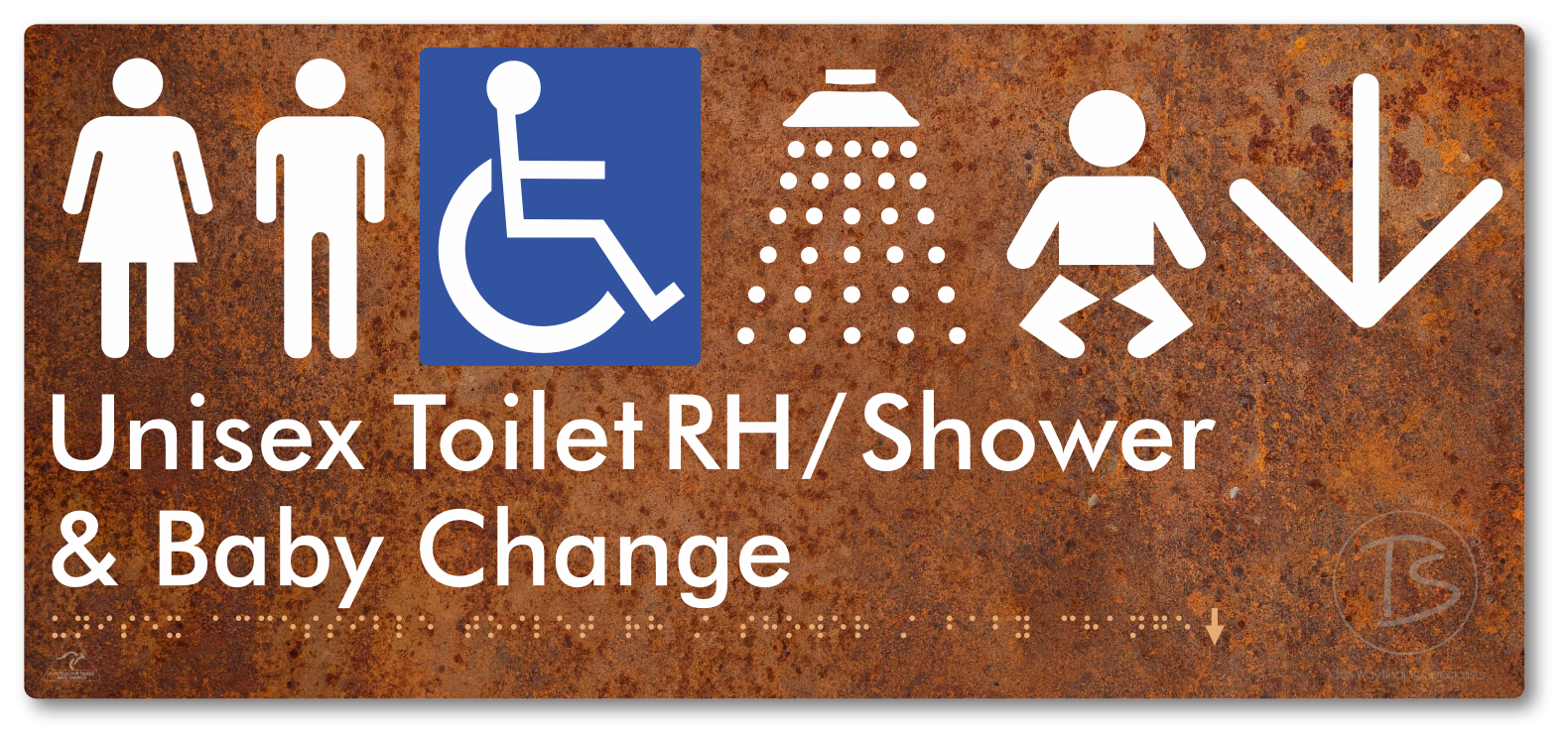 Unisex Accessible Toilet RH / Shower / Baby Change with Large Directional Arrow - Braille Tactile Signs Aust.