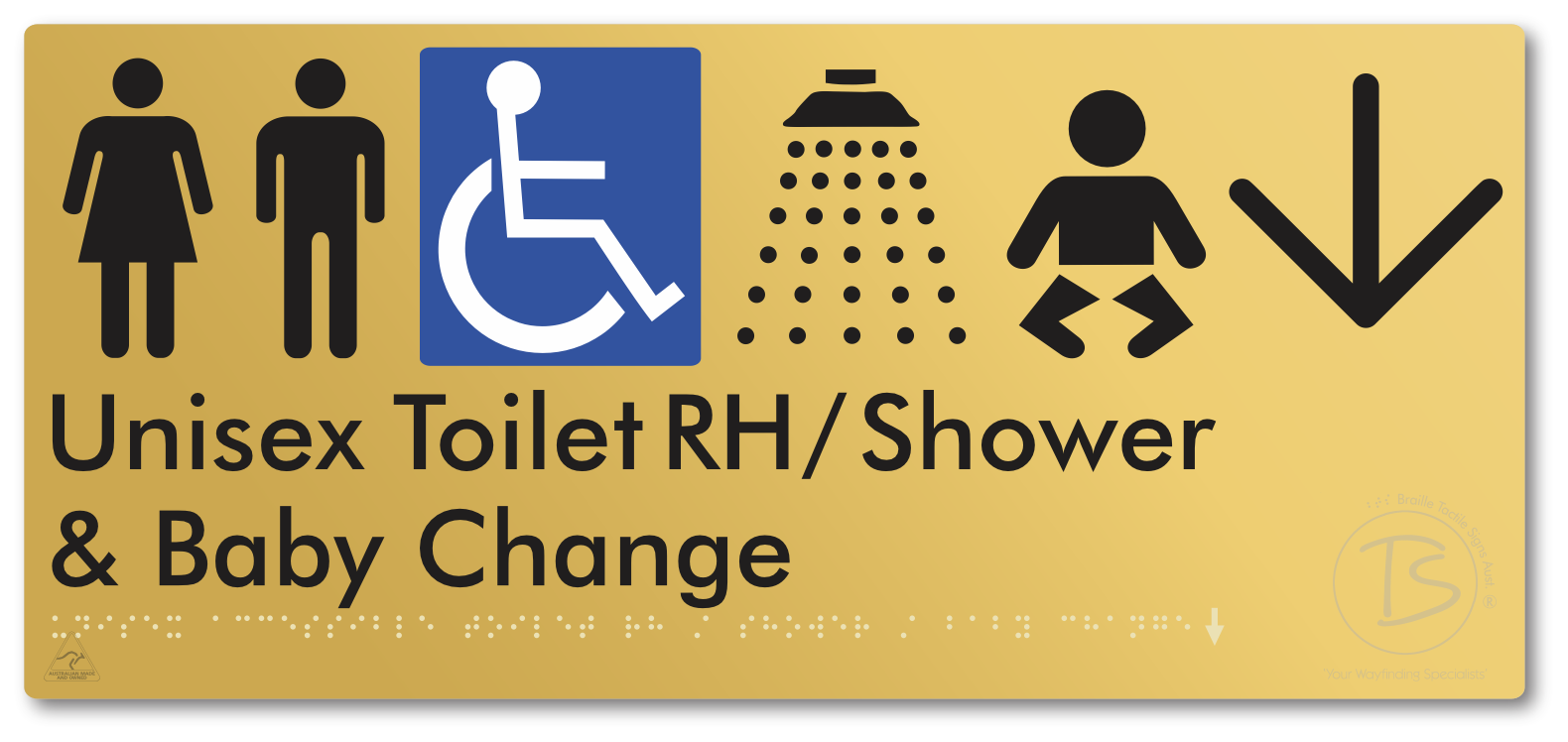 Unisex Accessible Toilet RH / Shower / Baby Change with Large Directional Arrow - Braille Tactile Signs Aust.