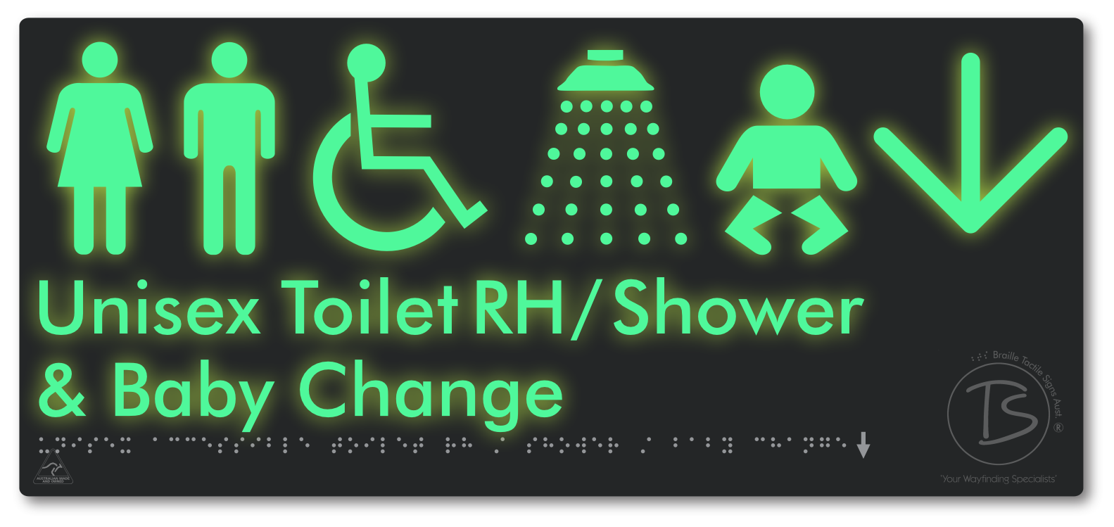 Unisex Accessible Toilet RH / Shower / Baby Change with Large Directional Arrow - Braille Tactile Signs Aust.