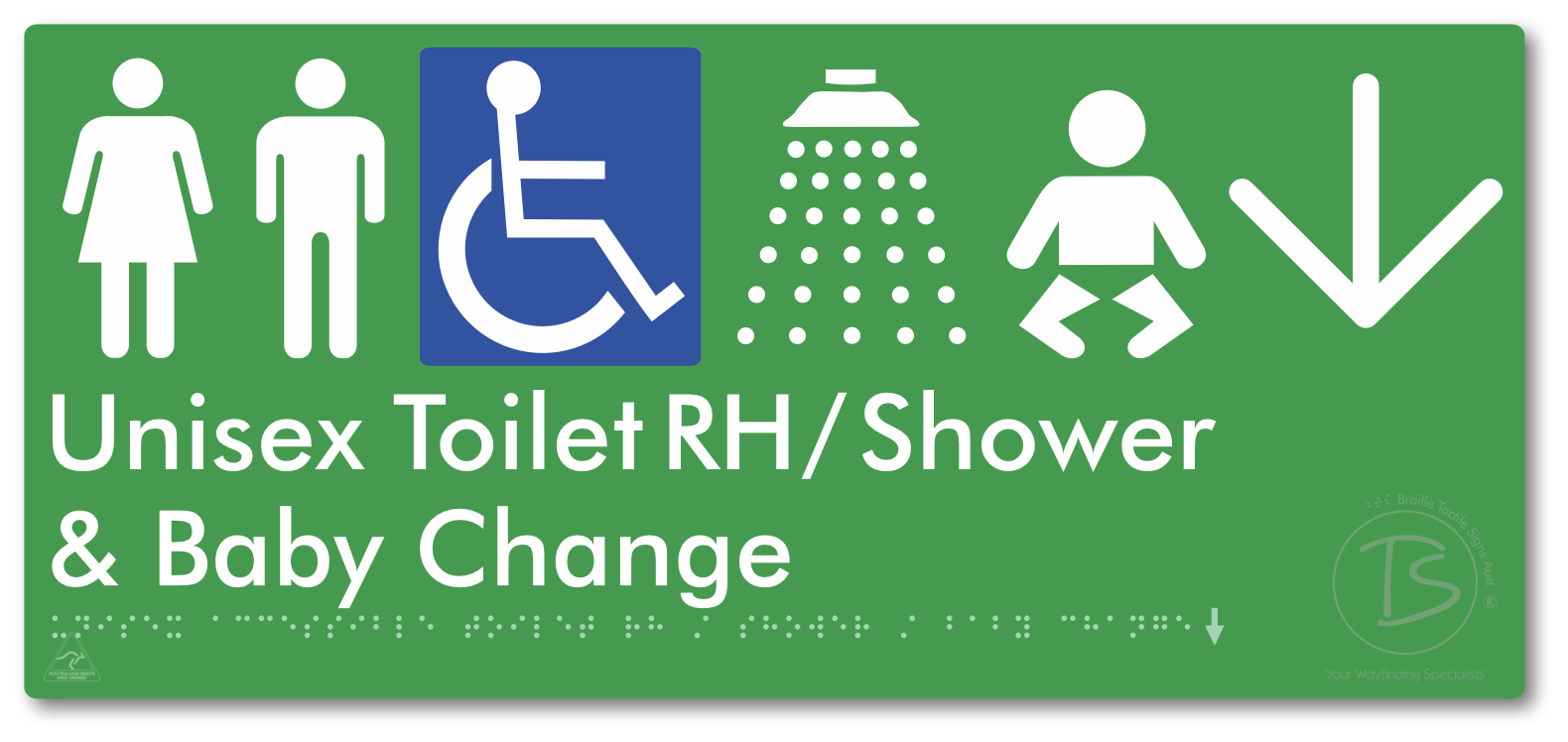 Unisex Accessible Toilet RH / Shower / Baby Change with Large Directional Arrow - Braille Tactile Signs Aust.