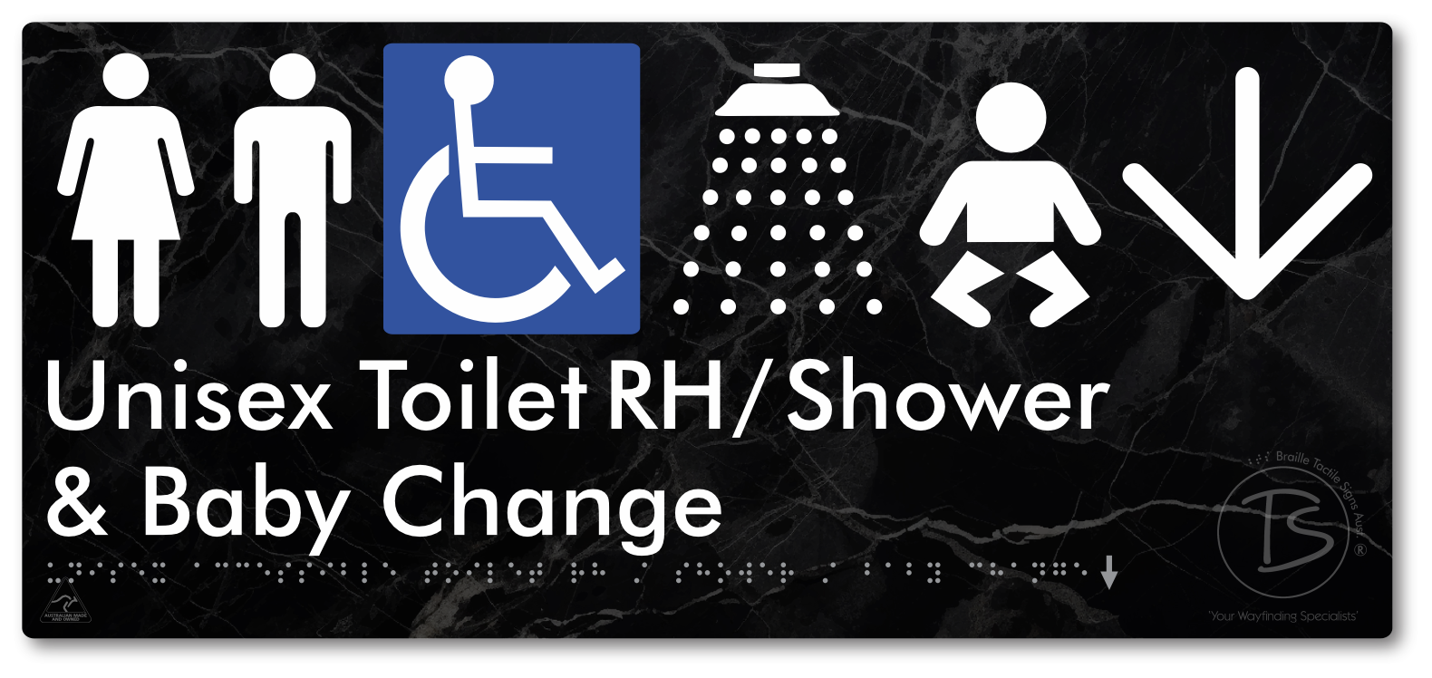 Unisex Accessible Toilet RH / Shower / Baby Change with Large Directional Arrow - Braille Tactile Signs Aust.