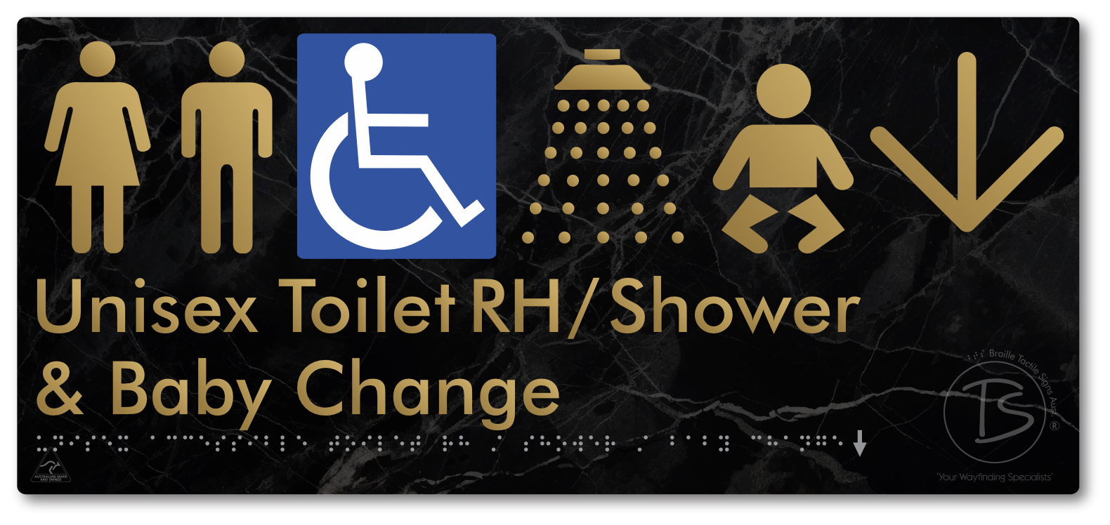 Unisex Accessible Toilet RH / Shower / Baby Change with Large Directional Arrow - Braille Tactile Signs Aust.