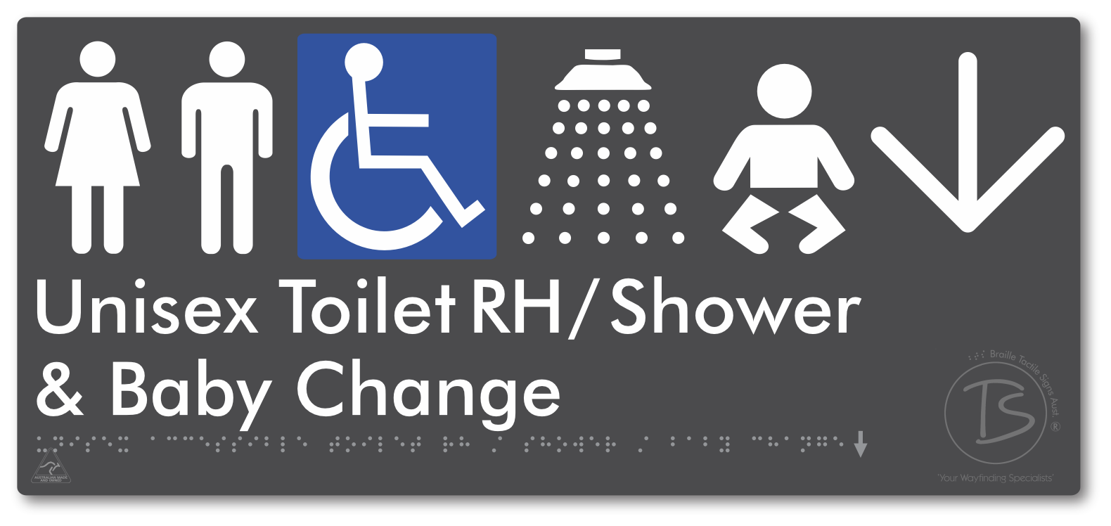 Unisex Accessible Toilet RH / Shower / Baby Change with Large Directional Arrow - Braille Tactile Signs Aust.