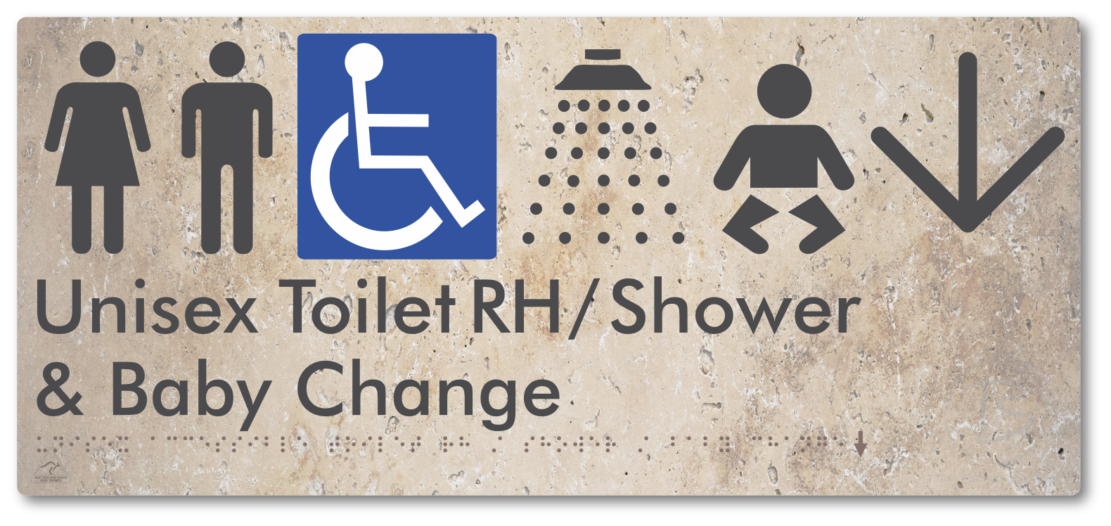 Unisex Accessible Toilet RH / Shower / Baby Change with Large Directional Arrow - Braille Tactile Signs Aust.
