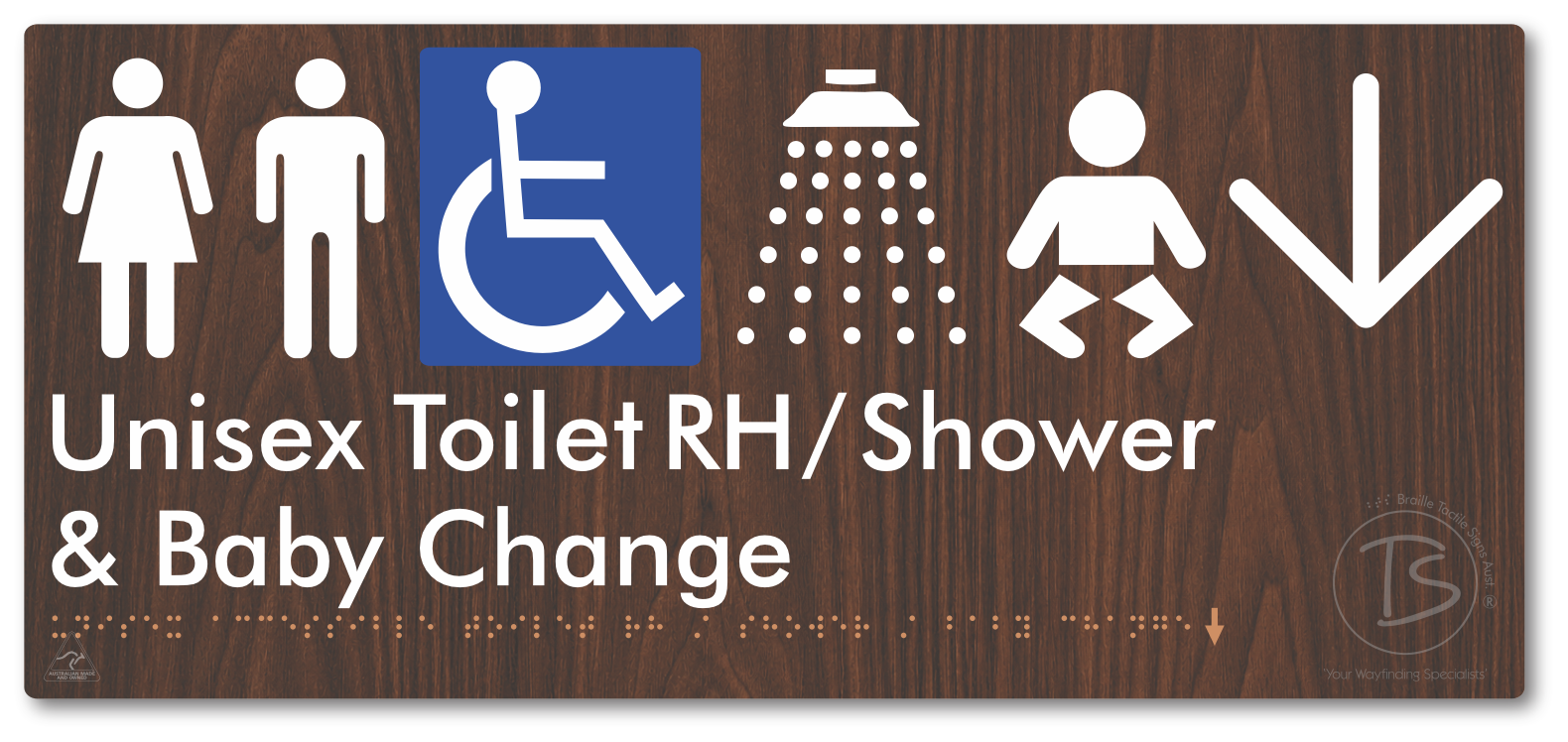 Unisex Accessible Toilet RH / Shower / Baby Change with Large Directional Arrow - Braille Tactile Signs Aust.