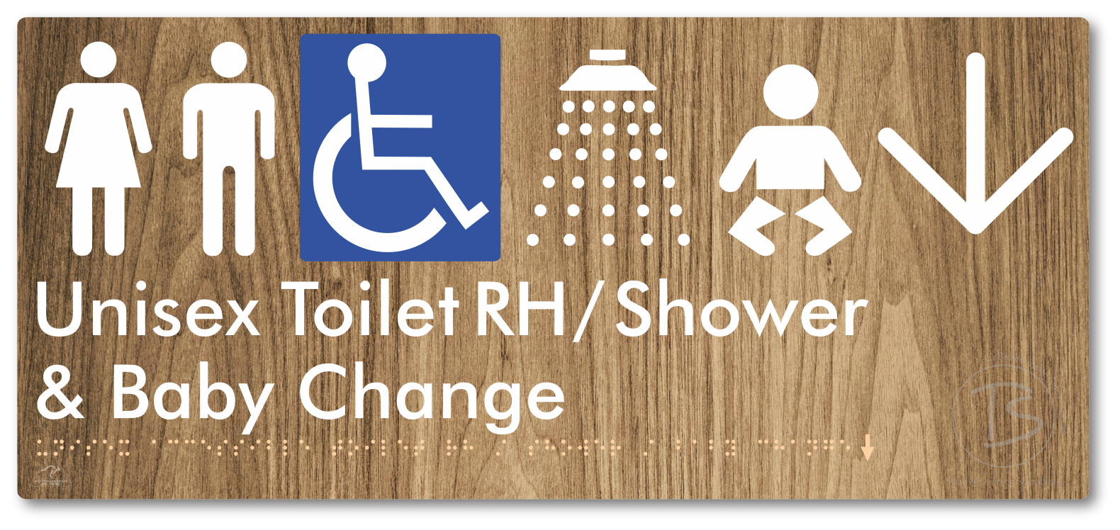 Unisex Accessible Toilet RH / Shower / Baby Change with Large Directional Arrow - Braille Tactile Signs Aust.