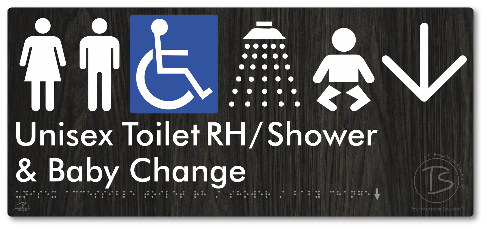 Unisex Accessible Toilet RH / Shower / Baby Change with Large Directional Arrow - Braille Tactile Signs Aust.