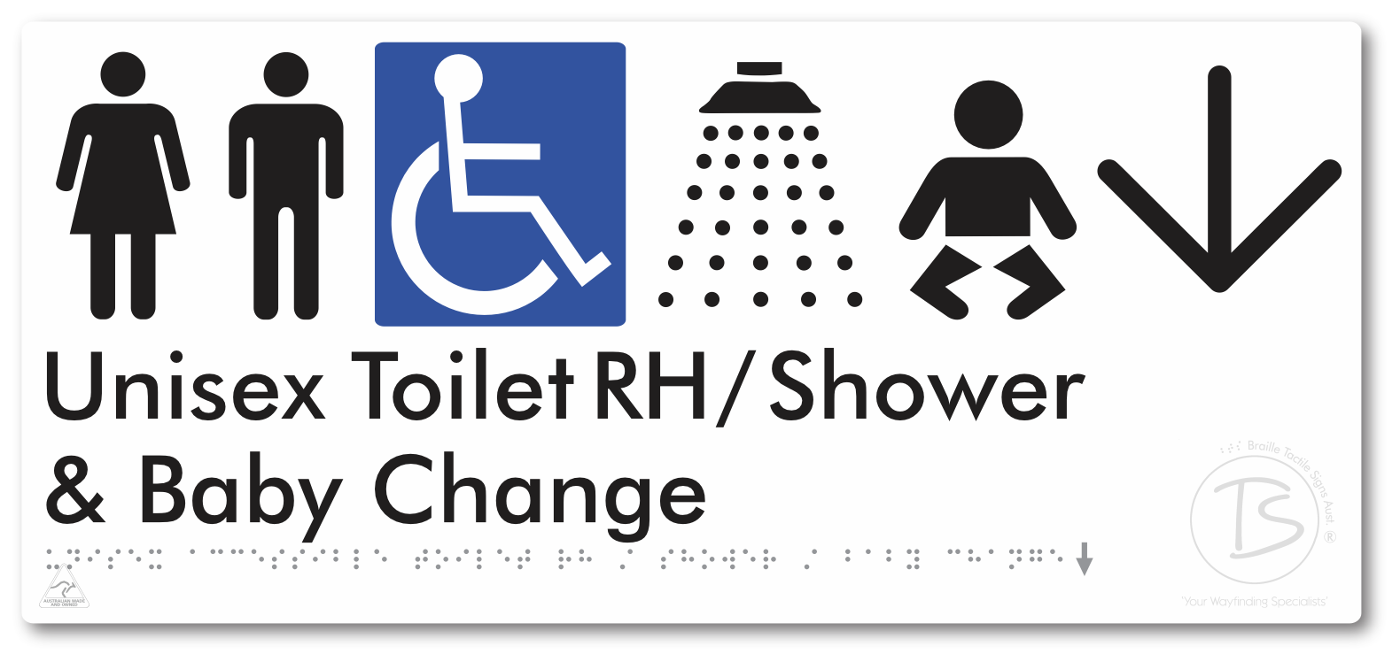 Unisex Accessible Toilet RH / Shower / Baby Change with Large Directional Arrow - Braille Tactile Signs Aust.