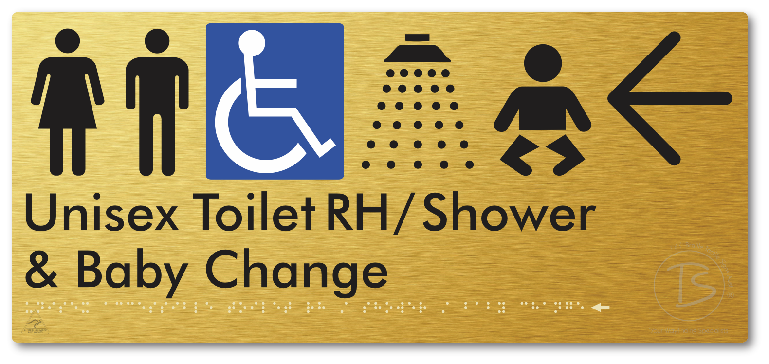 Unisex Accessible Toilet RH / Shower / Baby Change with Large Directional Arrow - Braille Tactile Signs Aust.