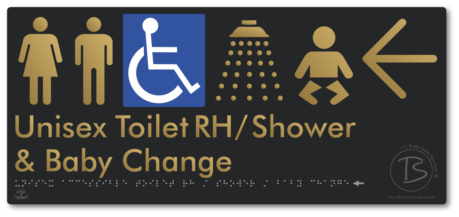 Unisex Accessible Toilet RH / Shower / Baby Change with Large Directional Arrow - Braille Tactile Signs Aust.