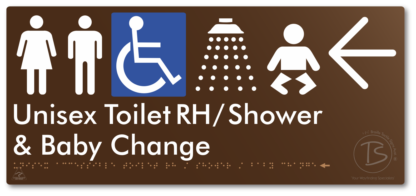 Unisex Accessible Toilet RH / Shower / Baby Change with Large Directional Arrow - Braille Tactile Signs Aust.