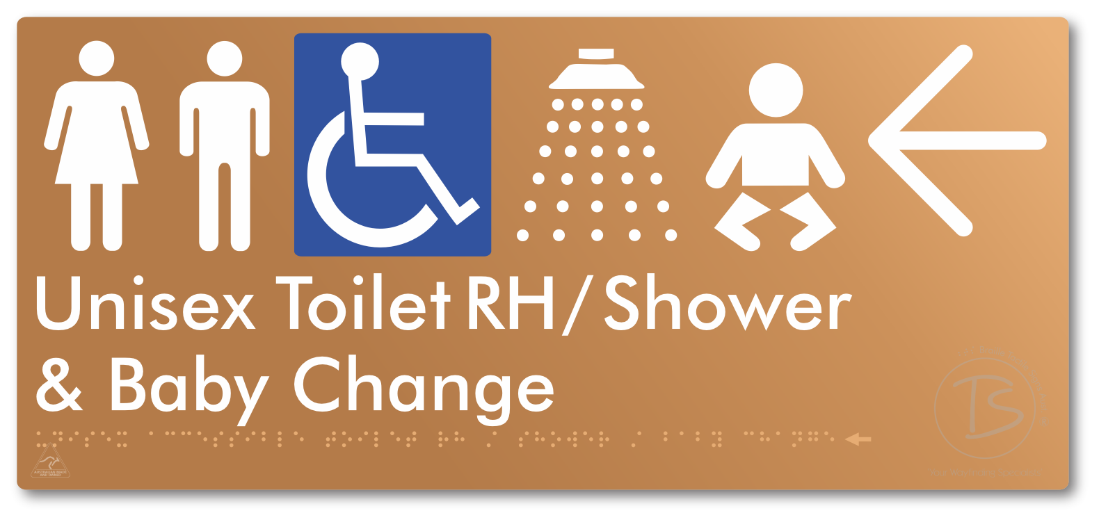 Unisex Accessible Toilet RH / Shower / Baby Change with Large Directional Arrow - Braille Tactile Signs Aust.