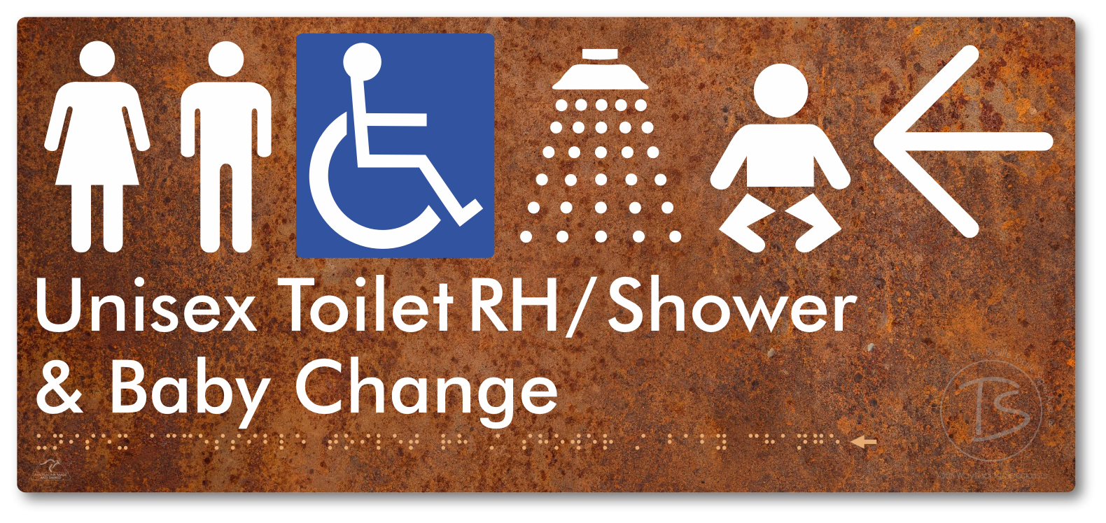 Unisex Accessible Toilet RH / Shower / Baby Change with Large Directional Arrow - Braille Tactile Signs Aust.