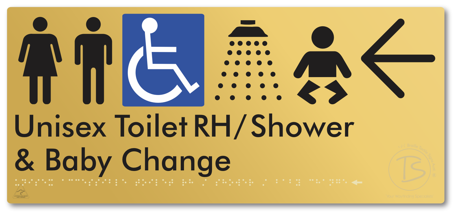 Unisex Accessible Toilet RH / Shower / Baby Change with Large Directional Arrow - Braille Tactile Signs Aust.