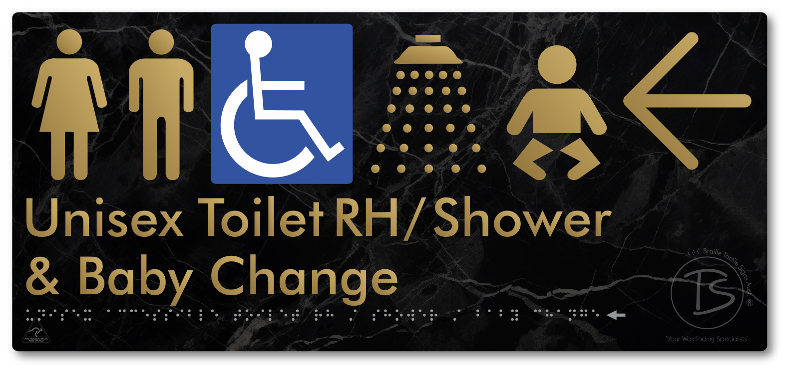 Unisex Accessible Toilet RH / Shower / Baby Change with Large Directional Arrow - Braille Tactile Signs Aust.