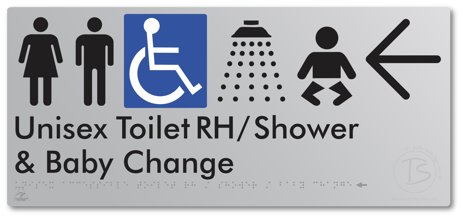 Unisex Accessible Toilet RH / Shower / Baby Change with Large Directional Arrow - Braille Tactile Signs Aust.