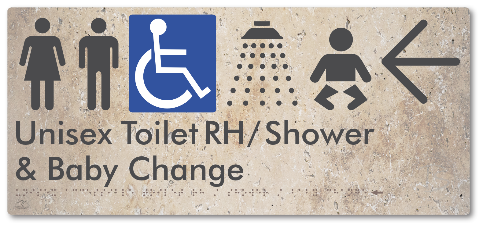 Unisex Accessible Toilet RH / Shower / Baby Change with Large Directional Arrow - Braille Tactile Signs Aust.