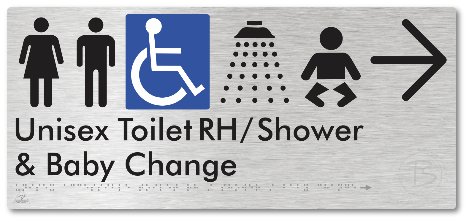 Unisex Accessible Toilet RH / Shower / Baby Change with Large Directional Arrow - Braille Tactile Signs Aust.