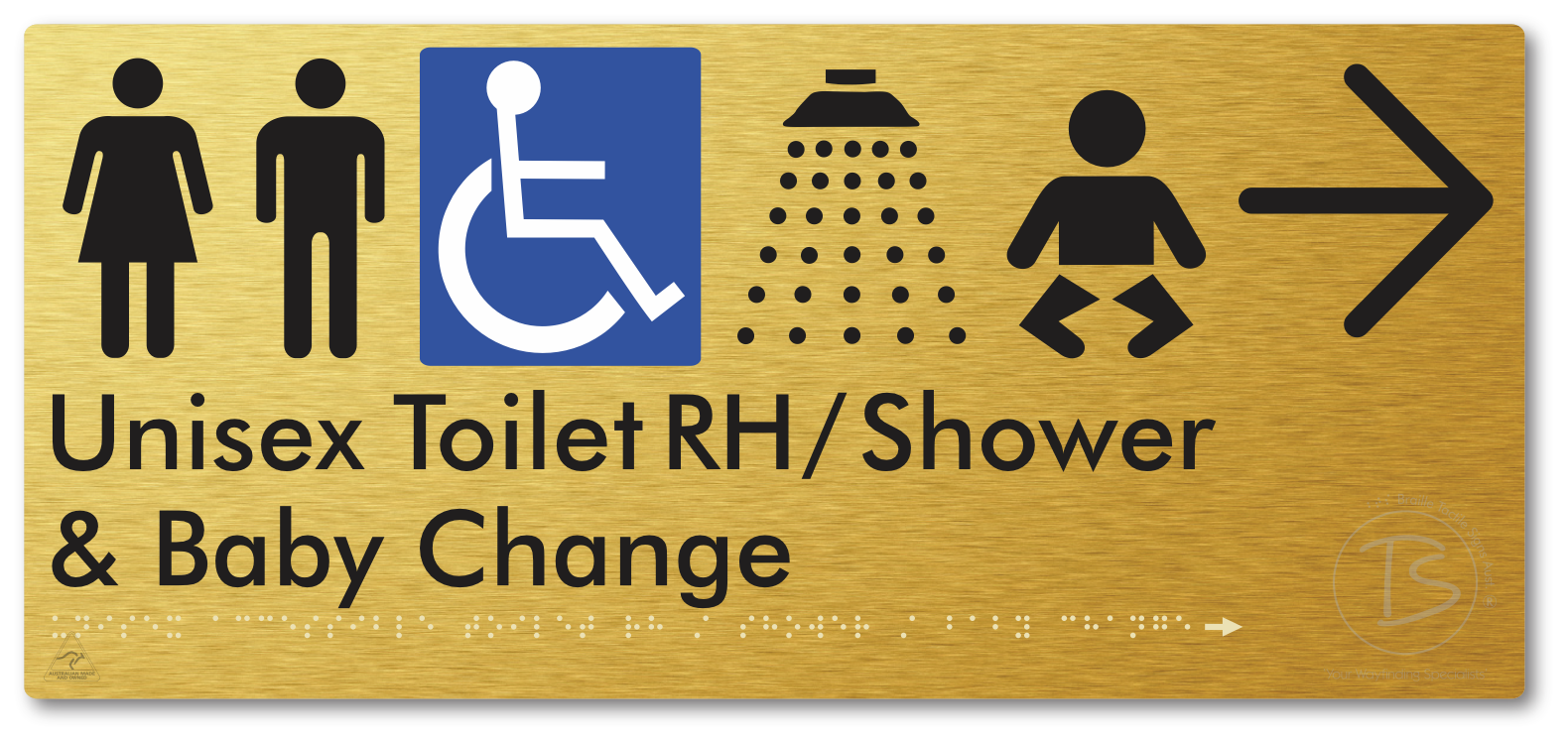 Unisex Accessible Toilet RH / Shower / Baby Change with Large Directional Arrow - Braille Tactile Signs Aust.