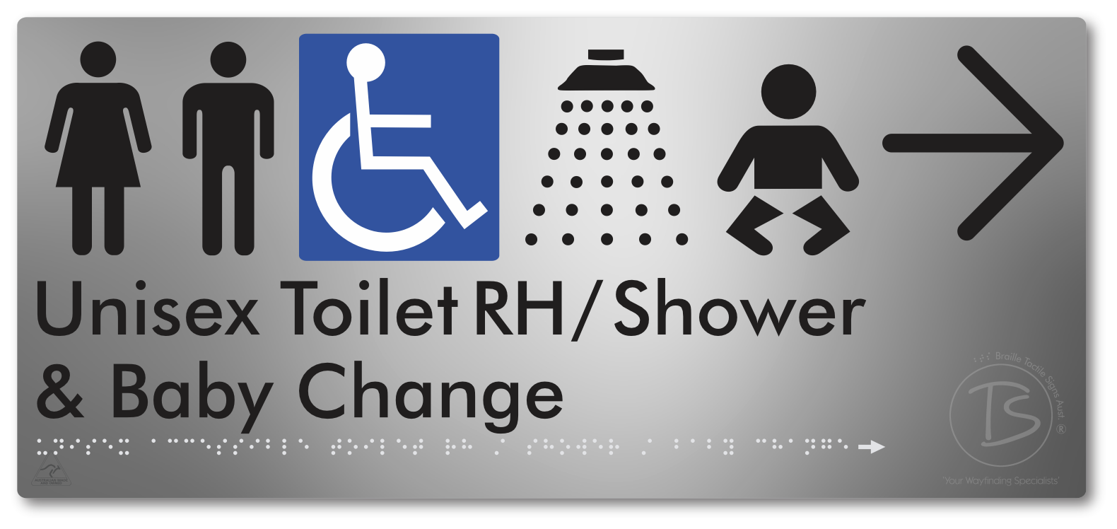 Unisex Accessible Toilet RH / Shower / Baby Change with Large Directional Arrow - Braille Tactile Signs Aust.