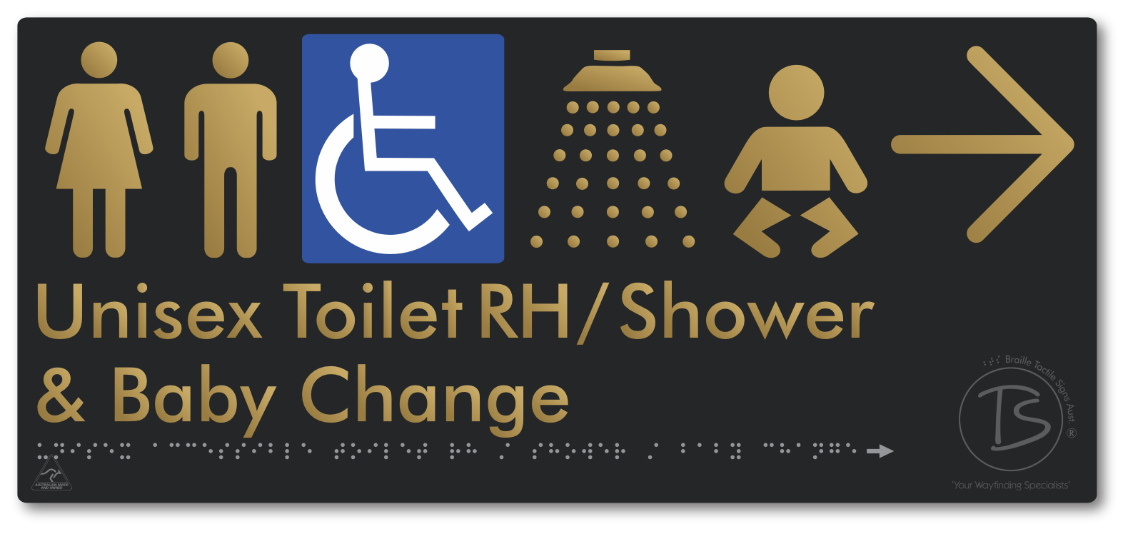 Unisex Accessible Toilet RH / Shower / Baby Change with Large Directional Arrow - Braille Tactile Signs Aust.