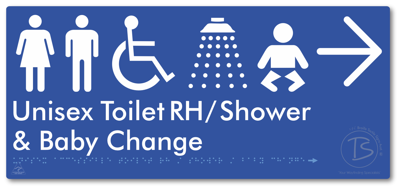 Unisex Accessible Toilet RH / Shower / Baby Change with Large Directional Arrow - Braille Tactile Signs Aust.