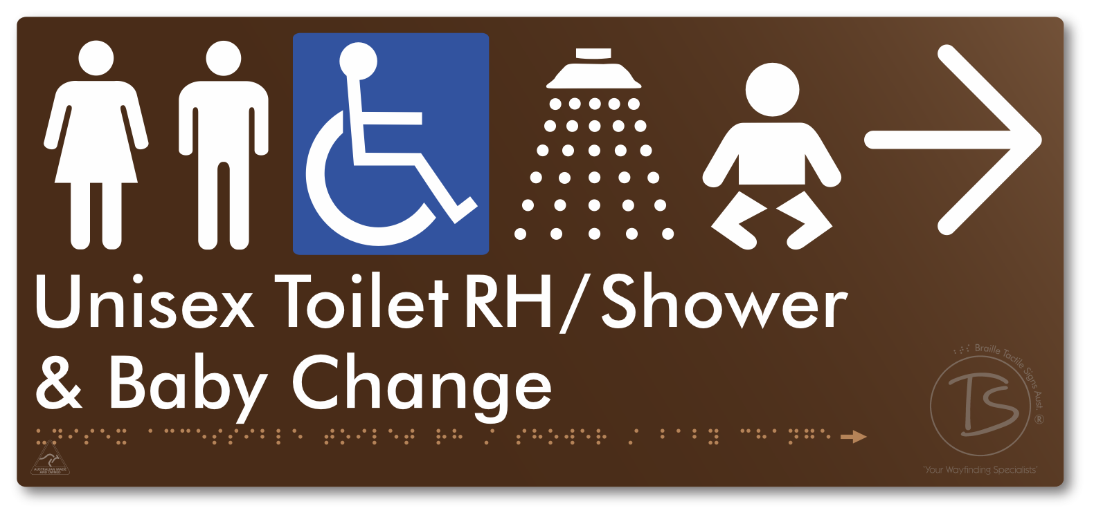 Unisex Accessible Toilet RH / Shower / Baby Change with Large Directional Arrow - Braille Tactile Signs Aust.