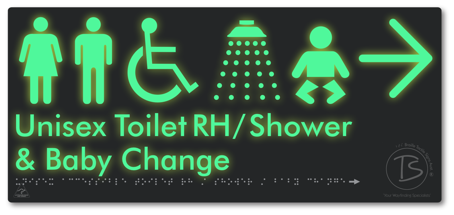 Unisex Accessible Toilet RH / Shower / Baby Change with Large Directional Arrow - Braille Tactile Signs Aust.