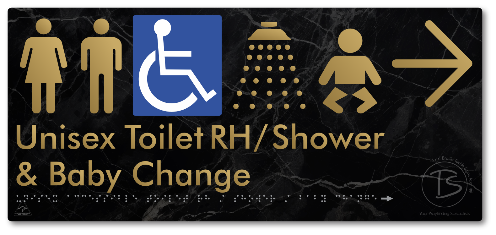 Unisex Accessible Toilet RH / Shower / Baby Change with Large Directional Arrow - Braille Tactile Signs Aust.