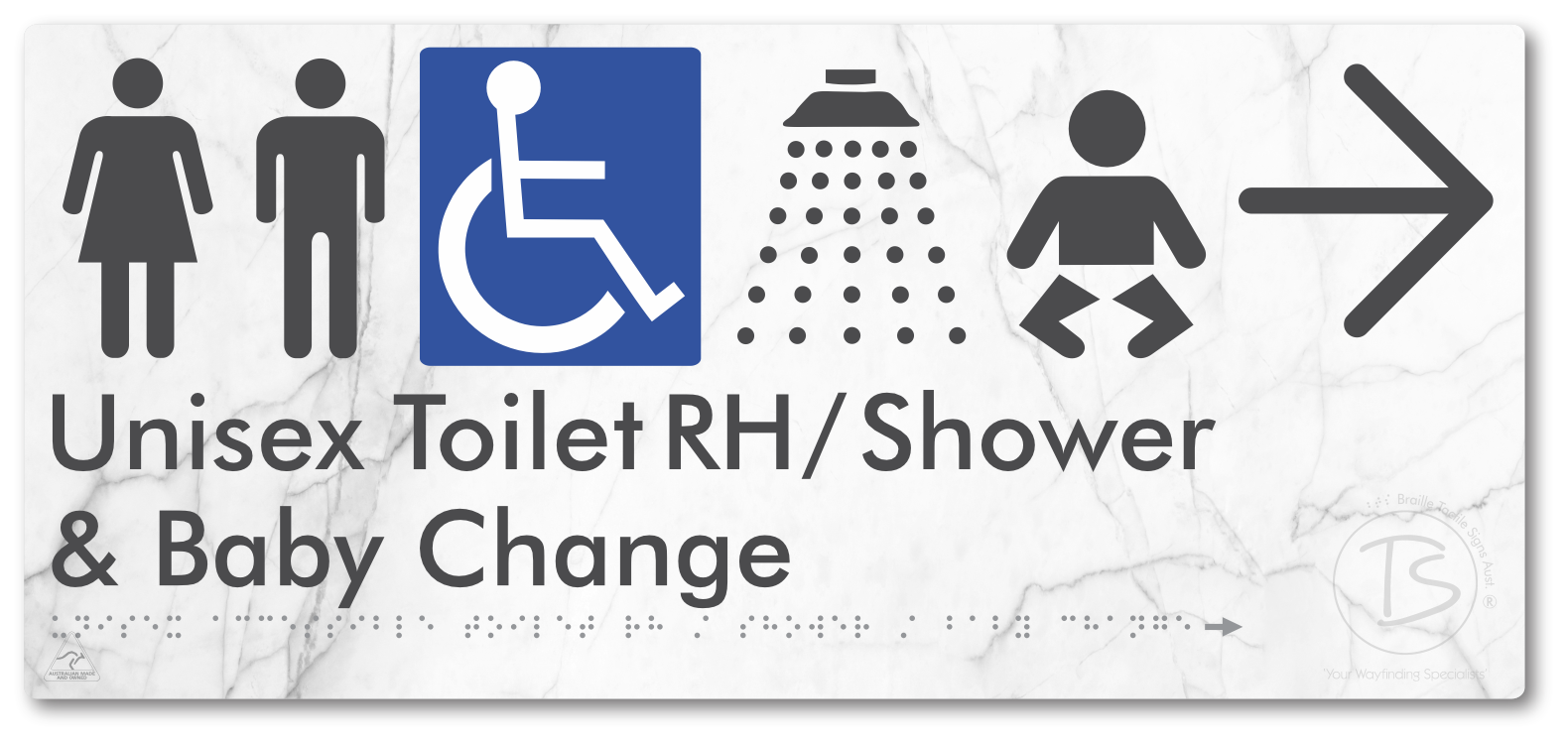 Unisex Accessible Toilet RH / Shower / Baby Change with Large Directional Arrow - Braille Tactile Signs Aust.