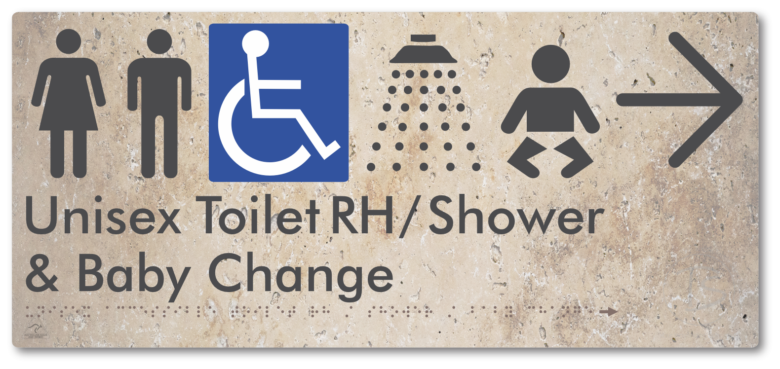 Unisex Accessible Toilet RH / Shower / Baby Change with Large Directional Arrow - Braille Tactile Signs Aust.