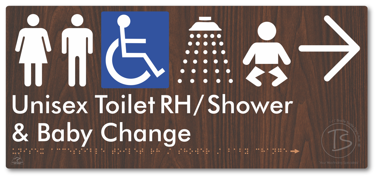 Unisex Accessible Toilet RH / Shower / Baby Change with Large Directional Arrow - Braille Tactile Signs Aust.