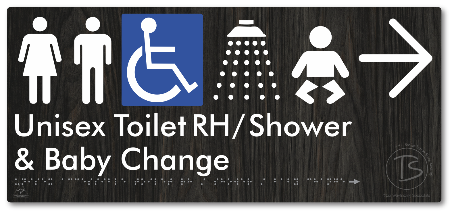 Unisex Accessible Toilet RH / Shower / Baby Change with Large Directional Arrow - Braille Tactile Signs Aust.