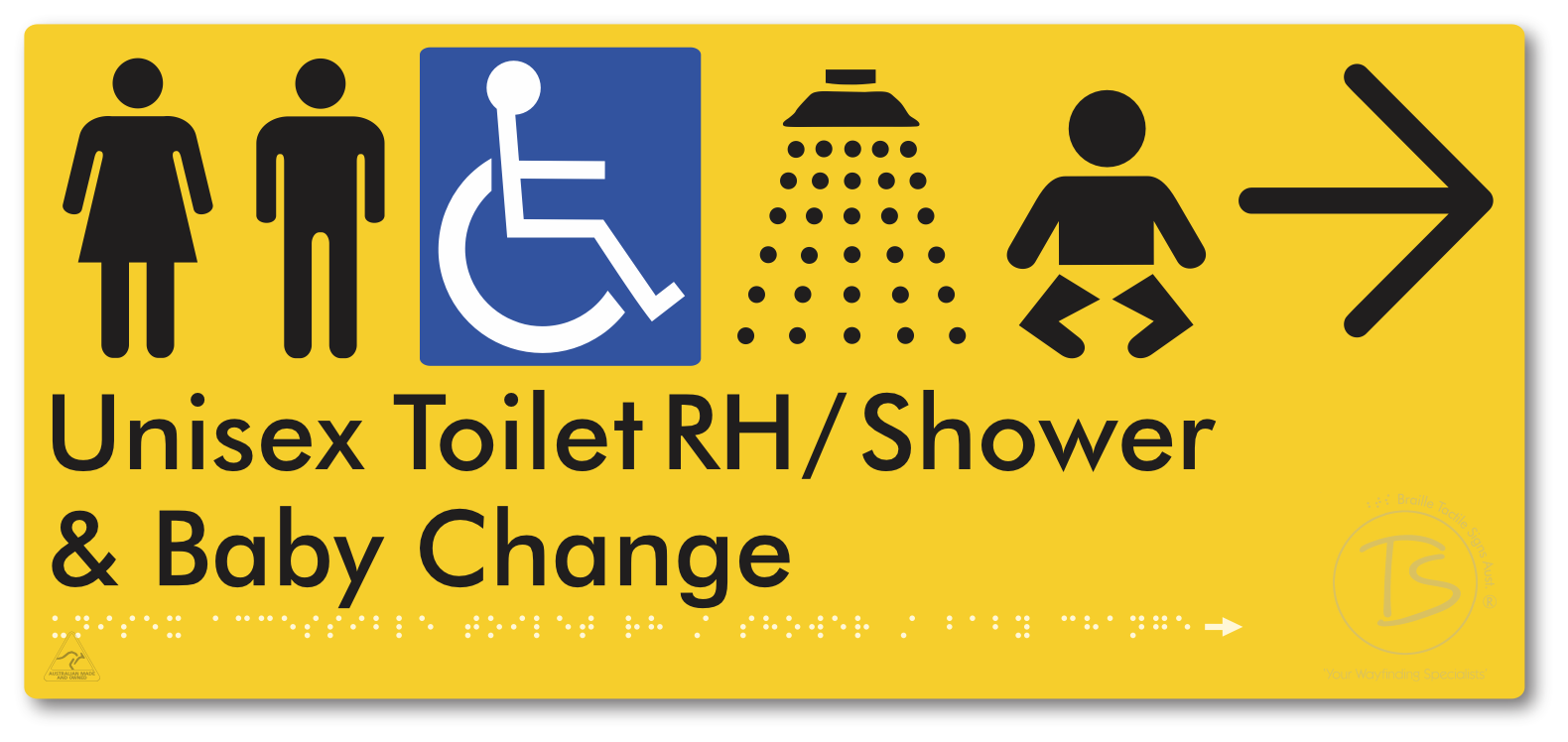 Unisex Accessible Toilet RH / Shower / Baby Change with Large Directional Arrow - Braille Tactile Signs Aust.