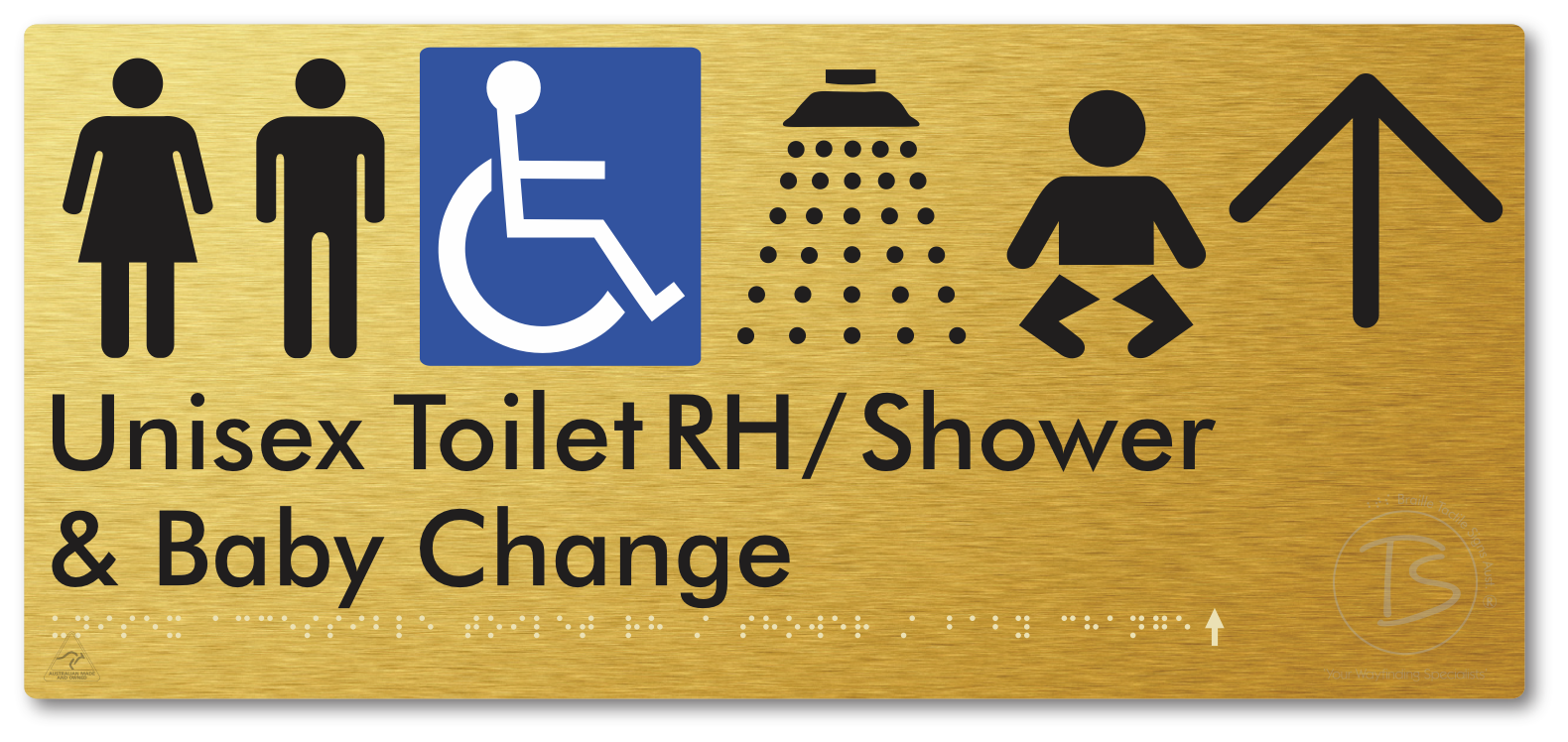 Unisex Accessible Toilet RH / Shower / Baby Change with Large Directional Arrow - Braille Tactile Signs Aust.