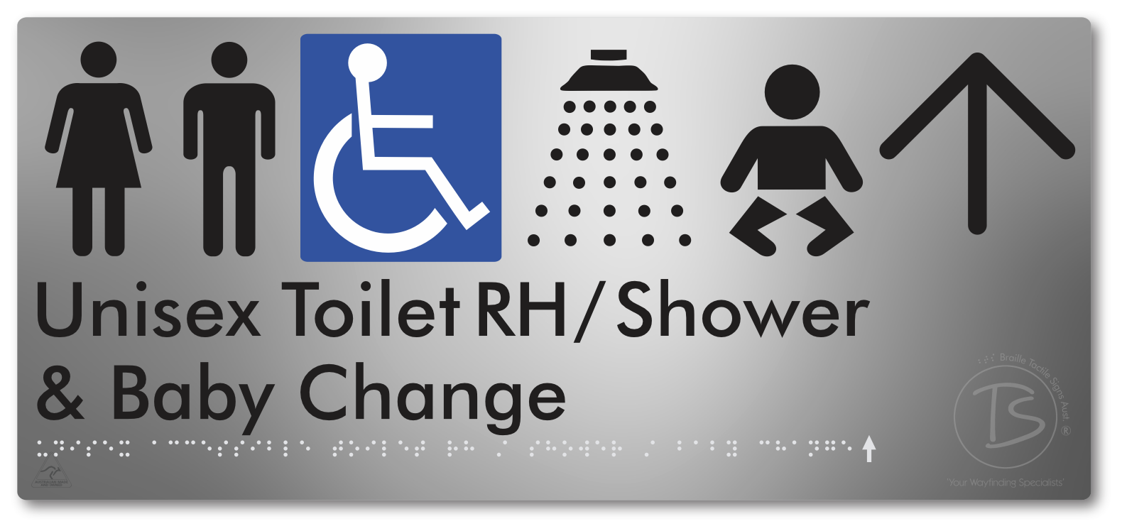 Unisex Accessible Toilet RH / Shower / Baby Change with Large Directional Arrow - Braille Tactile Signs Aust.