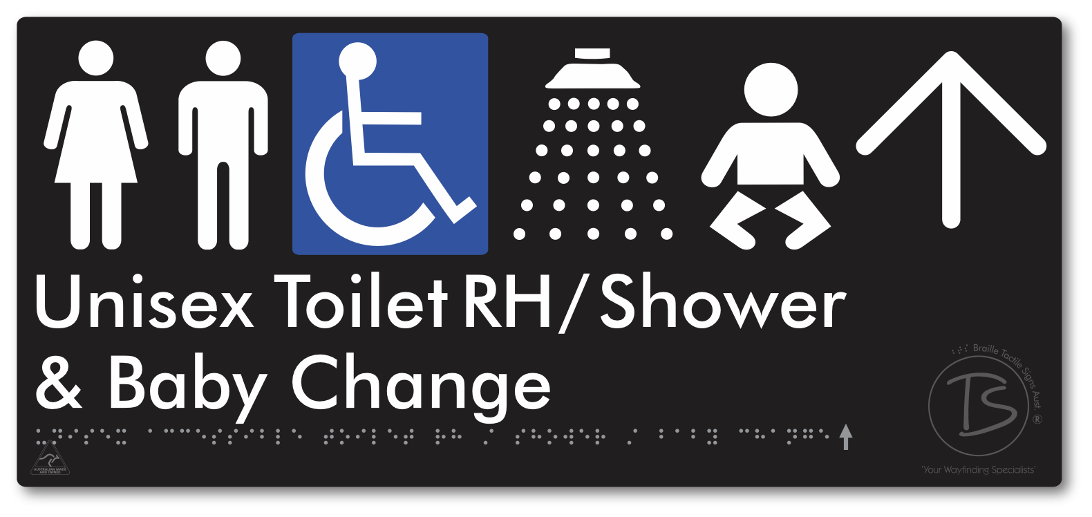 Unisex Accessible Toilet RH / Shower / Baby Change with Large Directional Arrow - Braille Tactile Signs Aust.