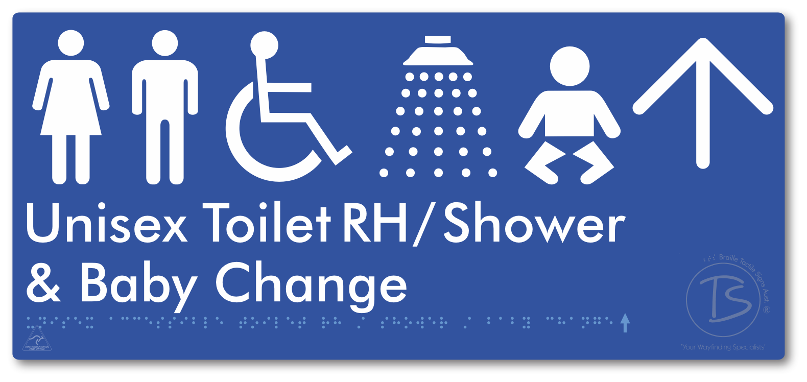 Unisex Accessible Toilet RH / Shower / Baby Change with Large Directional Arrow - Braille Tactile Signs Aust.