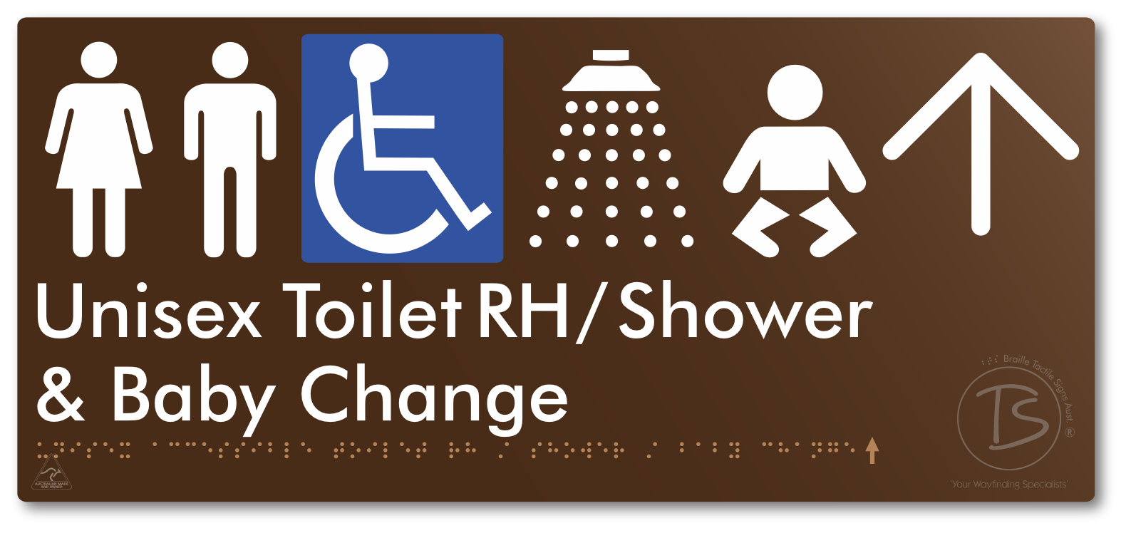 Unisex Accessible Toilet RH / Shower / Baby Change with Large Directional Arrow - Braille Tactile Signs Aust.