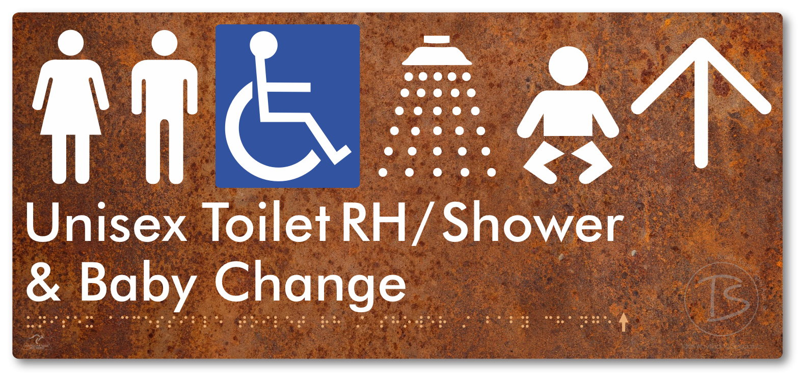 Unisex Accessible Toilet RH / Shower / Baby Change with Large Directional Arrow - Braille Tactile Signs Aust.