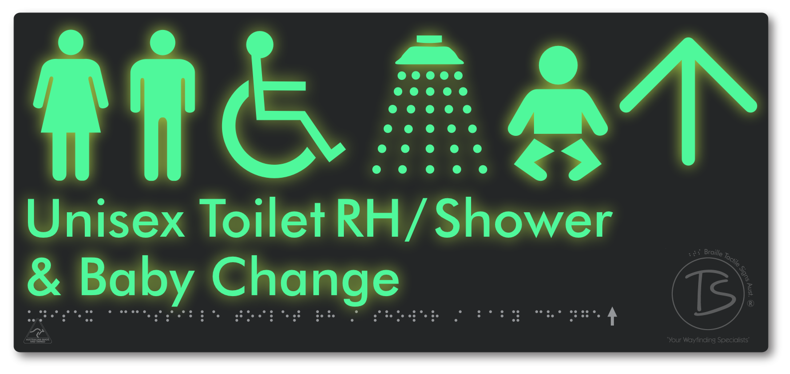Unisex Accessible Toilet RH / Shower / Baby Change with Large Directional Arrow - Braille Tactile Signs Aust.